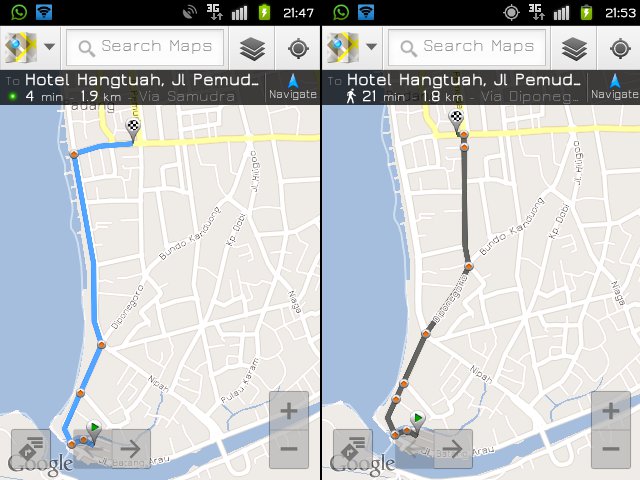 dua versi dari google map, by car and by foot