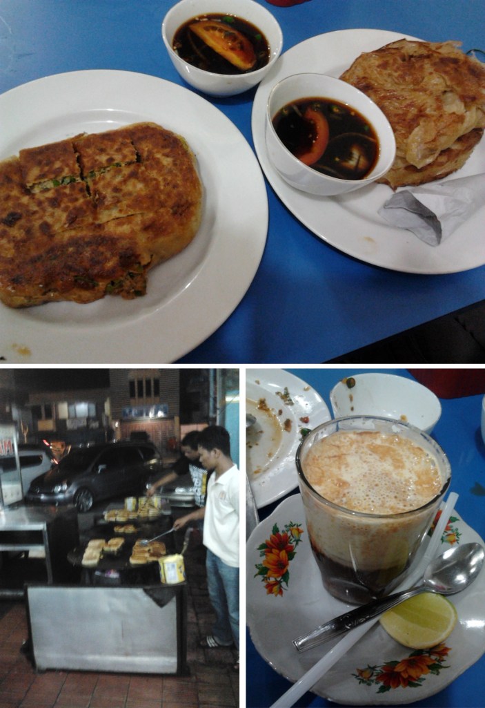 martabak, roti cane, dan teh talua. wajan untuk memasak martabak besar sekali.