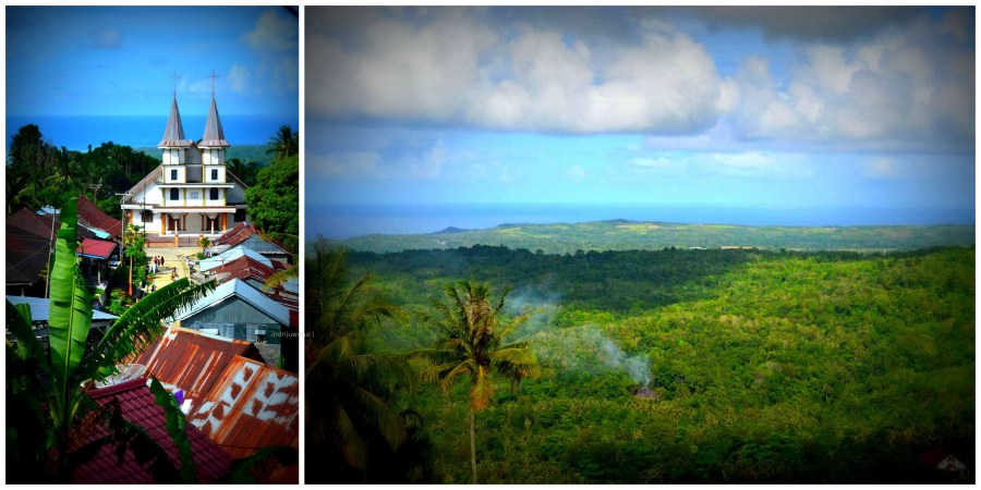gereja dilatari laut di kejauhan