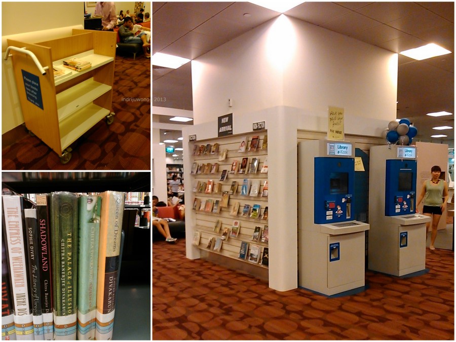 koleksi baru, rak pengembalian buku yang dibaca di tempat, dan menemukan buku karya penulis favoritku: divakaruni