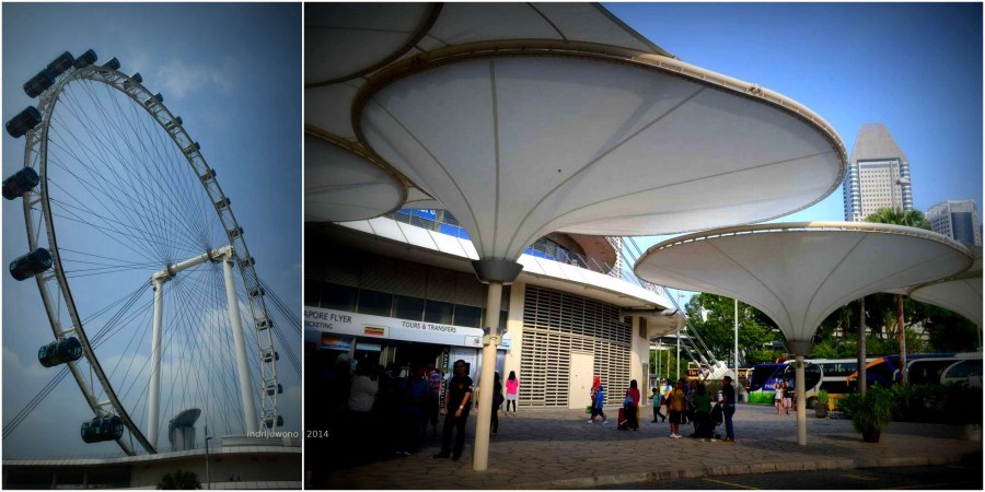 teras singapore flyer dengan payung-payung, deck kayu restoran, dan tempat menunggu yang berwarna-warni