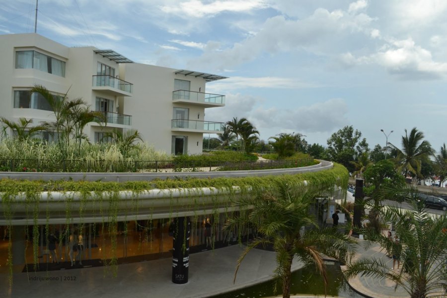 rimbun tanaman rambat dengan latar hotel sheraton