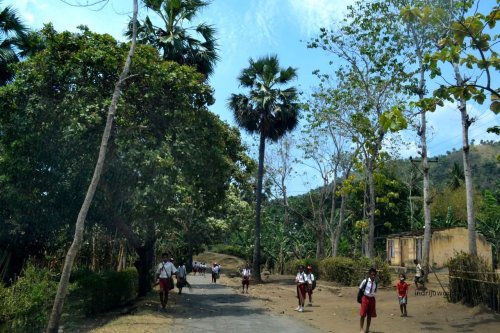 anak sekolah desa yang baru pulang di tengah hari